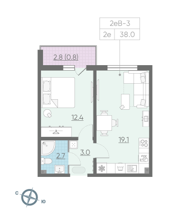 Однокомнатная квартира 38 м²