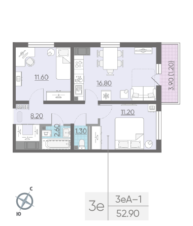 Двухкомнатная квартира 52.9 м²