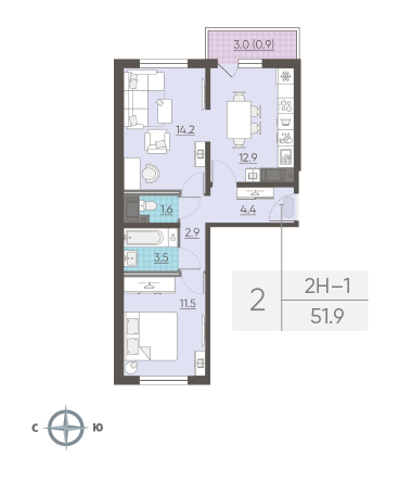 Двухкомнатная квартира 51.9 м²
