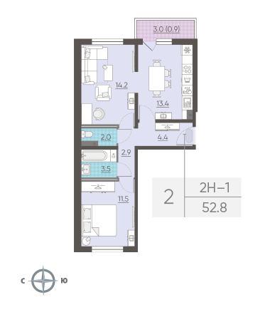 Двухкомнатная квартира 52.8 м²