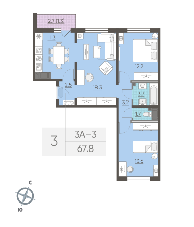 Трёхкомнатная квартира 67.8 м²