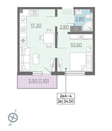 Однокомнатная квартира 34.5 м²