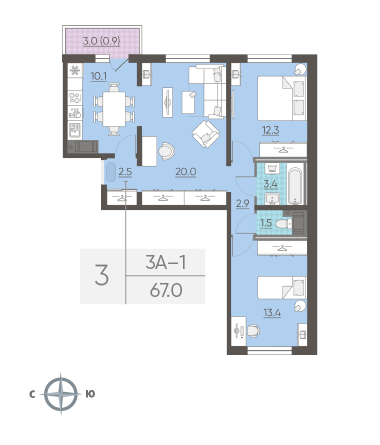 Трёхкомнатная квартира 67 м²