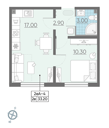 Однокомнатная квартира 33.2 м²
