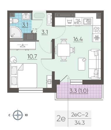 Однокомнатная квартира 34.3 м²