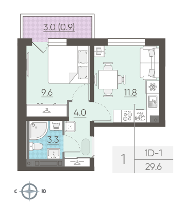 Однокомнатная квартира 29.6 м²