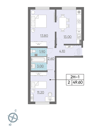 Двухкомнатная квартира 49.6 м²