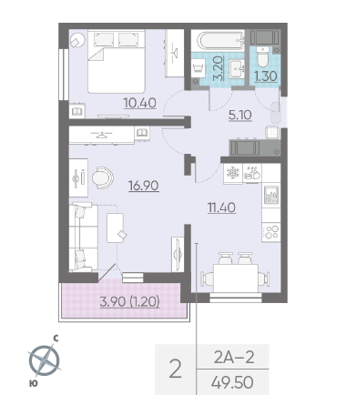 Двухкомнатная квартира 49.5 м²