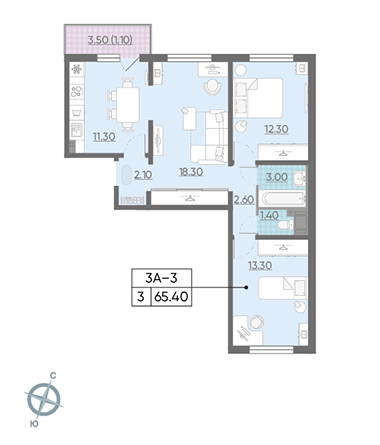 Трёхкомнатная квартира 65.4 м²