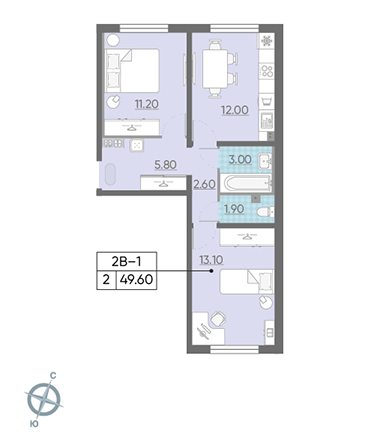 Двухкомнатная квартира 49.6 м²