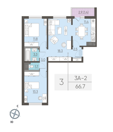 Трёхкомнатная квартира 66.7 м²