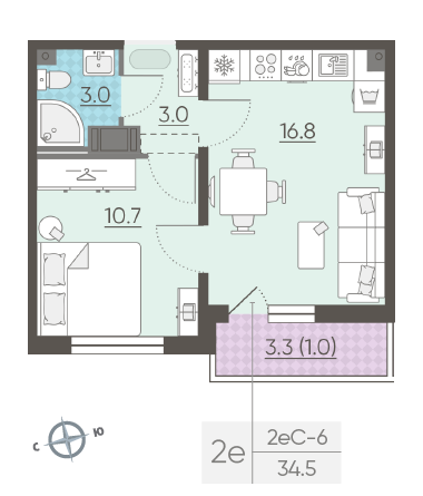 Однокомнатная квартира 34.5 м²