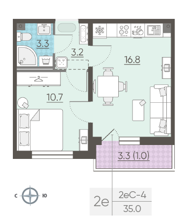 Однокомнатная квартира 35 м²