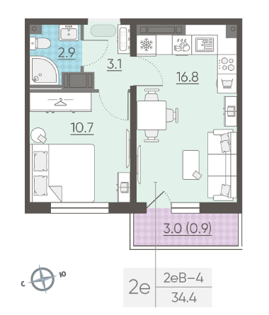 Однокомнатная квартира 34.4 м²
