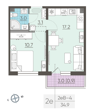 Однокомнатная квартира 34.9 м²