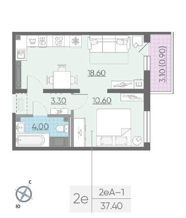 Однокомнатная квартира 37.4 м²