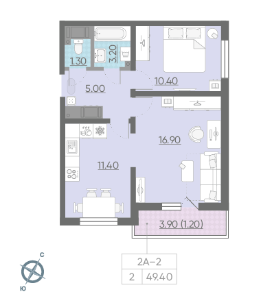 Двухкомнатная квартира 49.4 м²