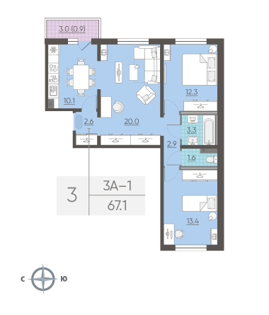 Трёхкомнатная квартира 67.1 м²