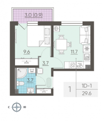 Однокомнатная квартира 29.6 м²