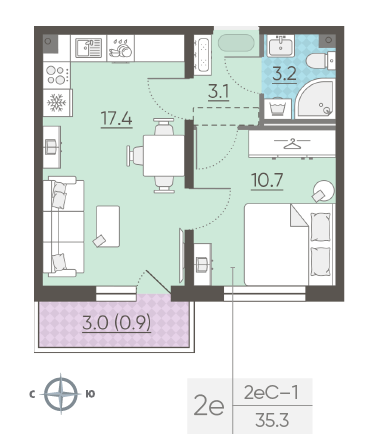 Однокомнатная квартира 35.3 м²