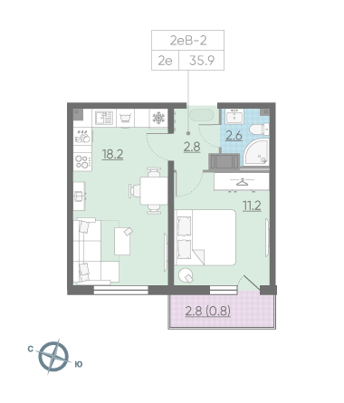 Однокомнатная квартира 35.6 м²