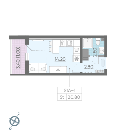 Студия 20.8 м²
