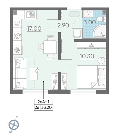 Однокомнатная квартира 33.2 м²