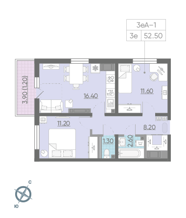 Двухкомнатная квартира 52.5 м²