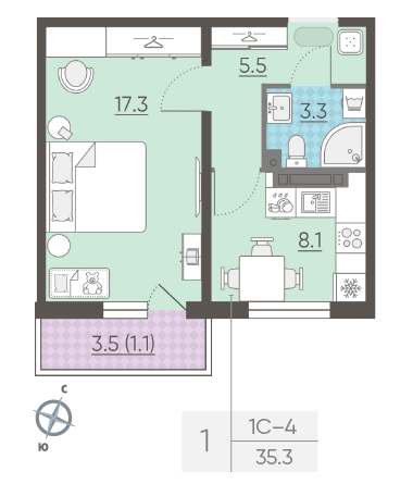 Однокомнатная квартира 35.3 м²