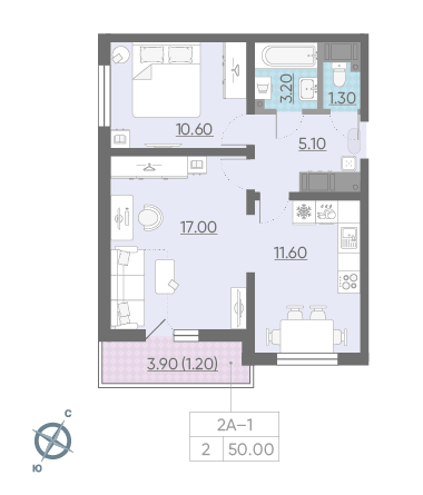 Двухкомнатная квартира 50 м²