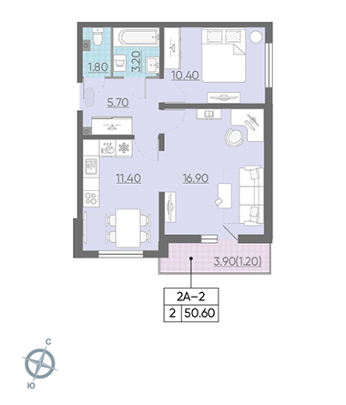 Двухкомнатная квартира 50.6 м²
