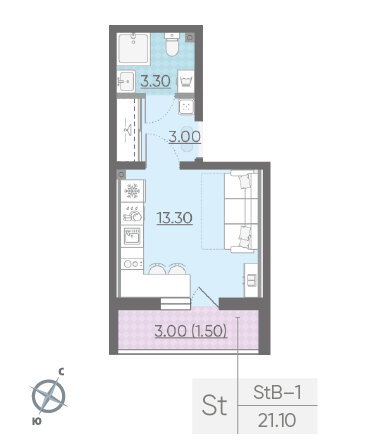 Студия 21.1 м²