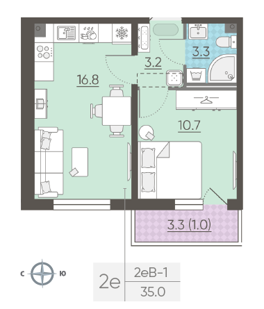 Однокомнатная квартира 35 м²
