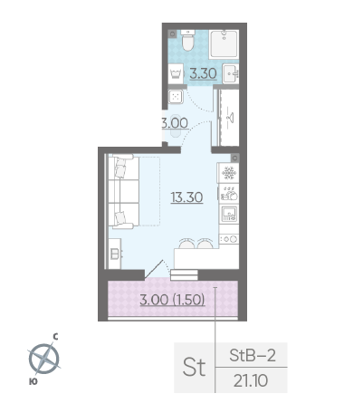 Студия 21.1 м²