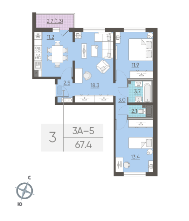 Трёхкомнатная квартира 67.4 м²