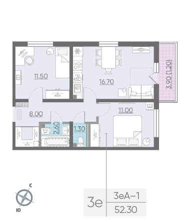Двухкомнатная квартира 52.3 м²