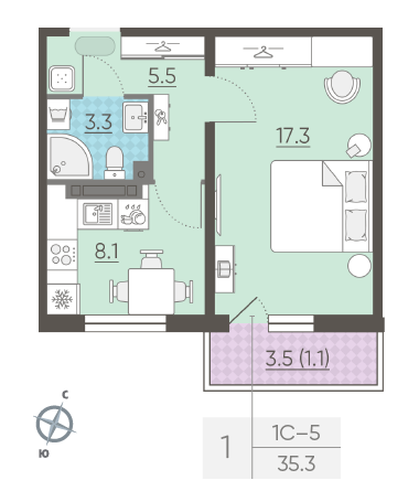 Однокомнатная квартира 35.3 м²