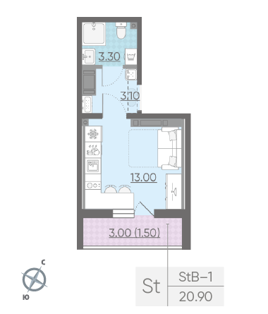 Студия 20.9 м²