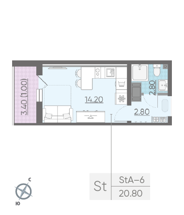 Студия 20.8 м²