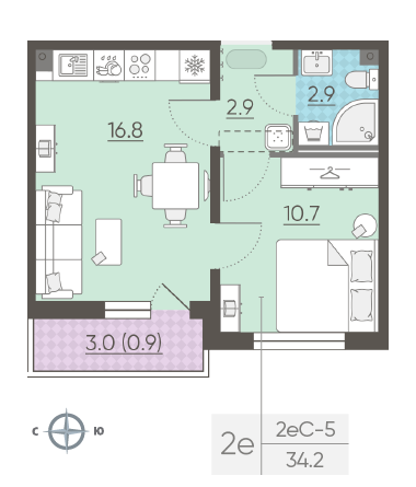 Однокомнатная квартира 34.2 м²