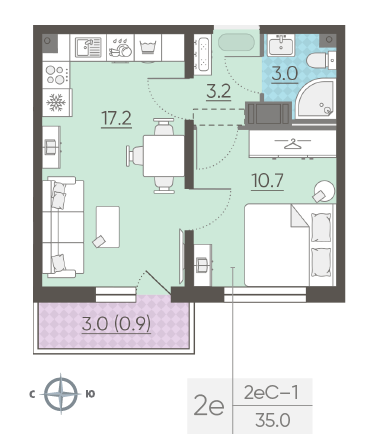 Однокомнатная квартира 35 м²