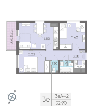 Двухкомнатная квартира 52.9 м²