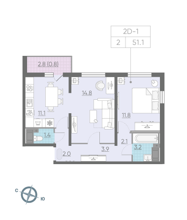 Двухкомнатная квартира 51.1 м²