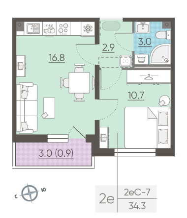 Однокомнатная квартира 34.3 м²