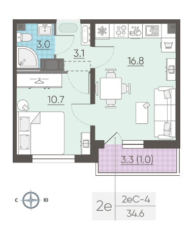 Однокомнатная квартира 34.6 м²