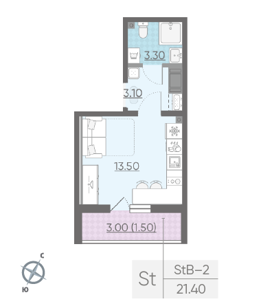 Студия 21.4 м²