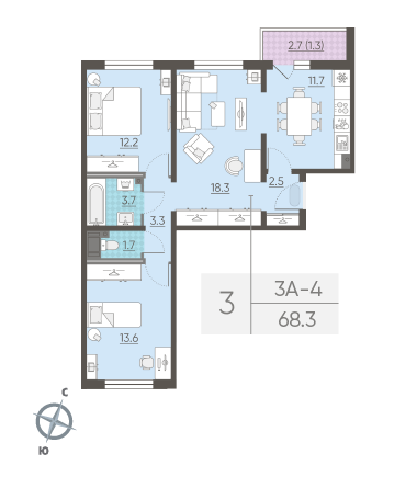 Трёхкомнатная квартира 68.3 м²