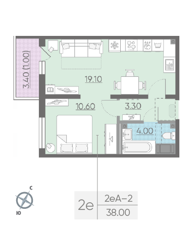 Однокомнатная квартира 38 м²