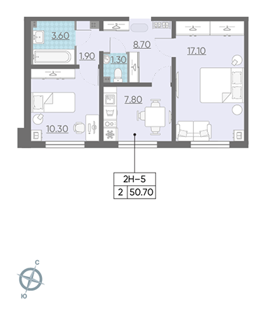 Двухкомнатная квартира 50.7 м²