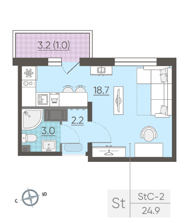 Студия 24.9 м²